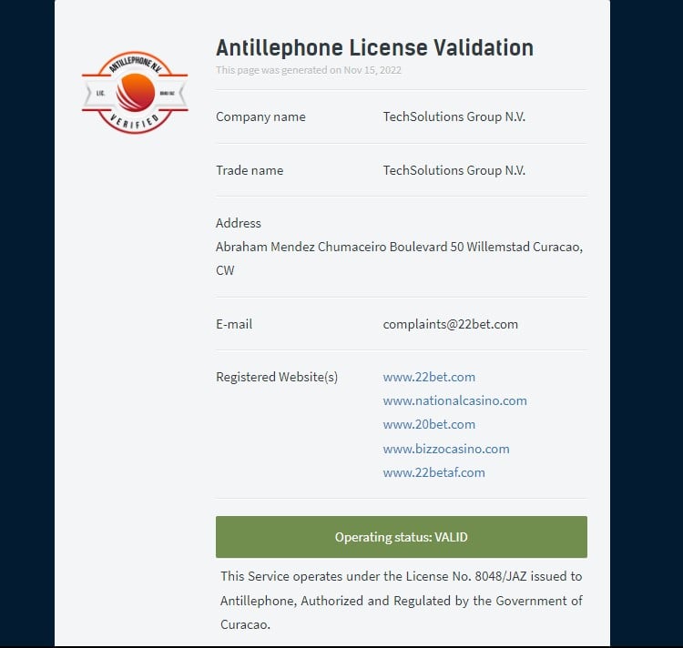 Antillephone License Validator Screenshot Bizzo Casino